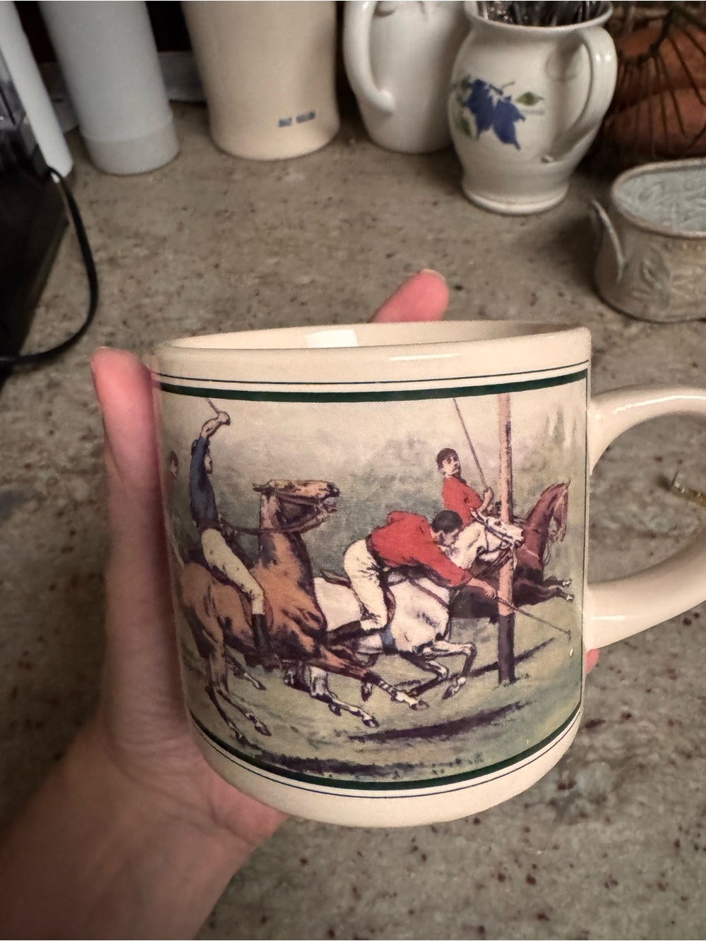 Polo by Ralph Lauren Cream Mug with Green Trim and Equestrian Polo Scene